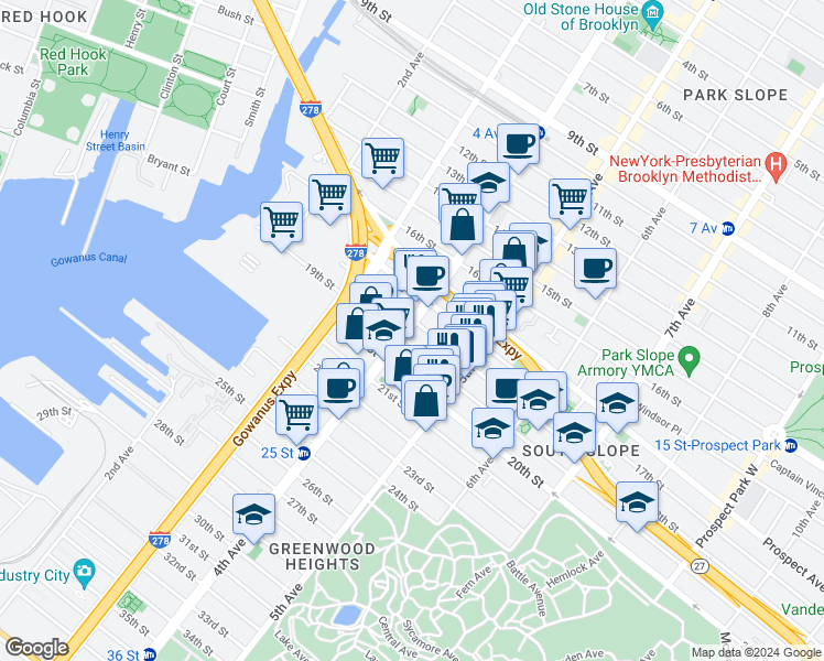 map of restaurants, bars, coffee shops, grocery stores, and more near 189 19th Street in Brooklyn