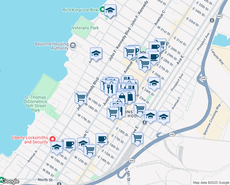 map of restaurants, bars, coffee shops, grocery stores, and more near 39-41 East 21st Street in Bayonne