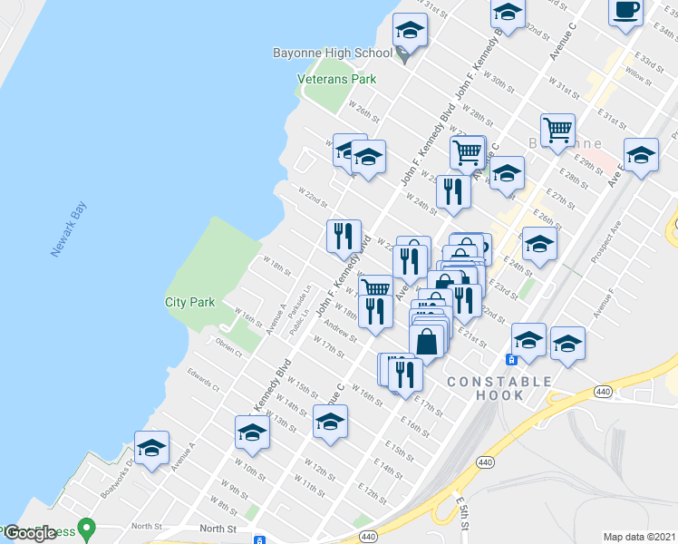 map of restaurants, bars, coffee shops, grocery stores, and more near 497 John F. Kennedy Boulevard in Bayonne