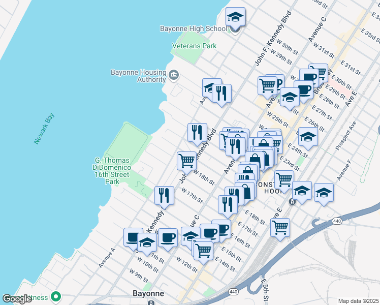 map of restaurants, bars, coffee shops, grocery stores, and more near 497 John F. Kennedy Boulevard in Bayonne