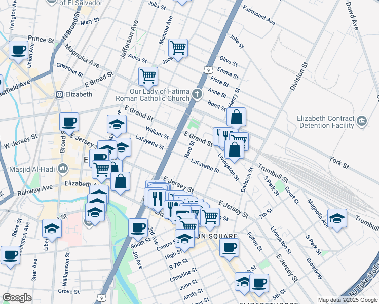 map of restaurants, bars, coffee shops, grocery stores, and more near 917 Lafayette Street in Elizabeth
