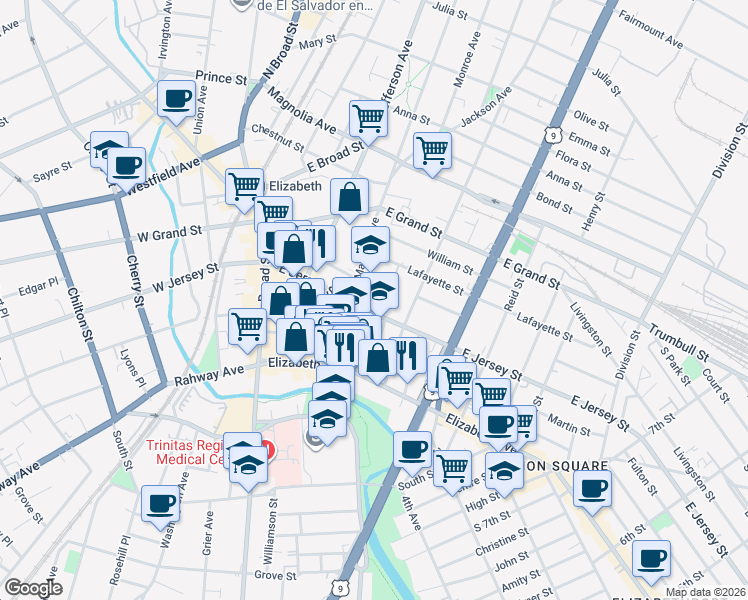 map of restaurants, bars, coffee shops, grocery stores, and more near 35-39 Morrell Street in Elizabeth