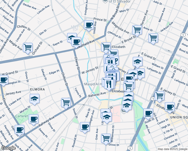 map of restaurants, bars, coffee shops, grocery stores, and more near 9 Caldwell Place in Elizabeth