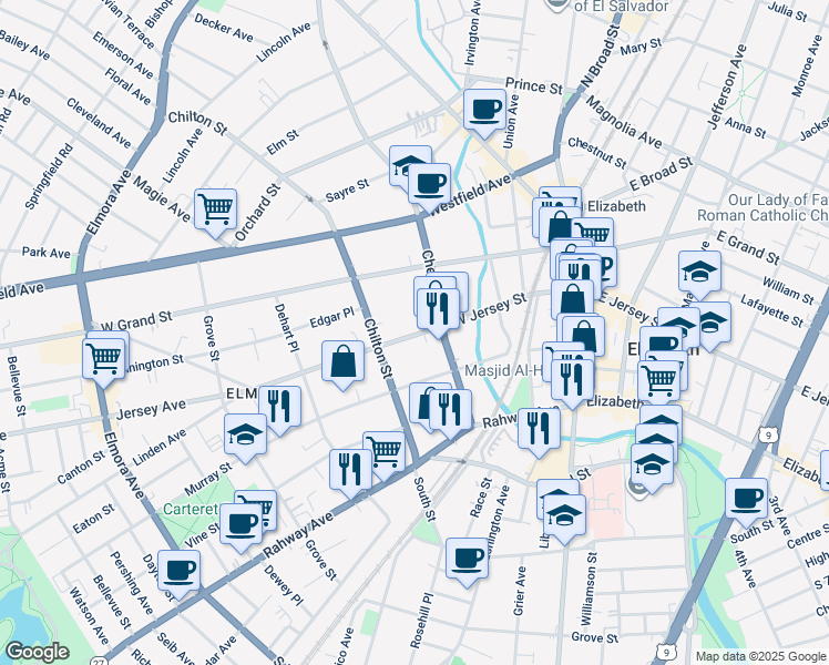 map of restaurants, bars, coffee shops, grocery stores, and more near 120 West Jersey Street in Elizabeth