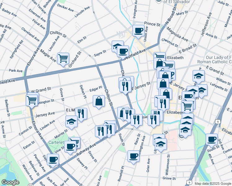 map of restaurants, bars, coffee shops, grocery stores, and more near 120 West Jersey Street in Elizabeth