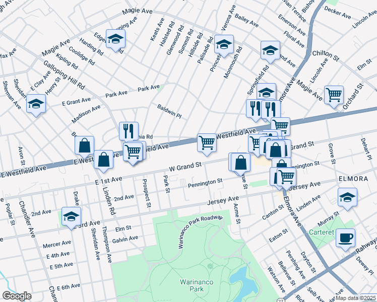 map of restaurants, bars, coffee shops, grocery stores, and more near 837-951 West Grand Street in Elizabeth