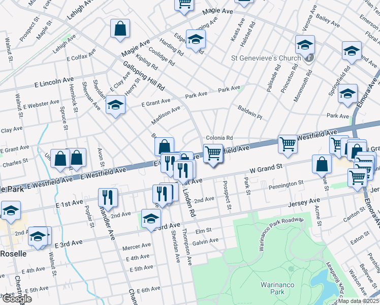 map of restaurants, bars, coffee shops, grocery stores, and more near 458 East Westfield Avenue in Roselle Park