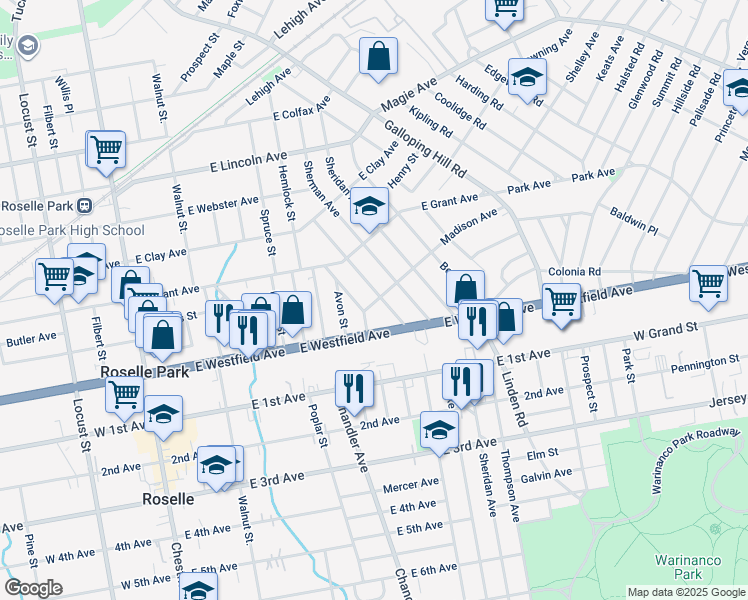 map of restaurants, bars, coffee shops, grocery stores, and more near 113 Magie Avenue in Roselle Park
