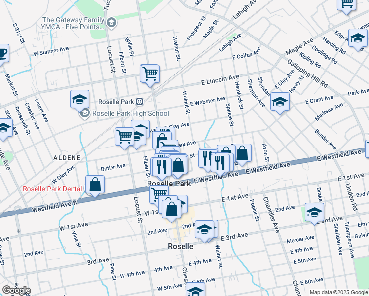 map of restaurants, bars, coffee shops, grocery stores, and more near 52 Charles Street in Roselle Park