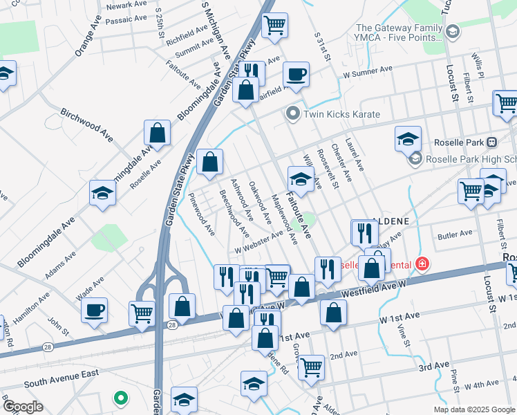 map of restaurants, bars, coffee shops, grocery stores, and more near 535 Ashwood Avenue in Roselle Park