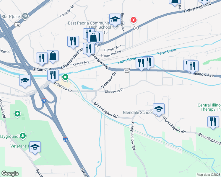map of restaurants, bars, coffee shops, grocery stores, and more near 130 Shadoway Drive in East Peoria