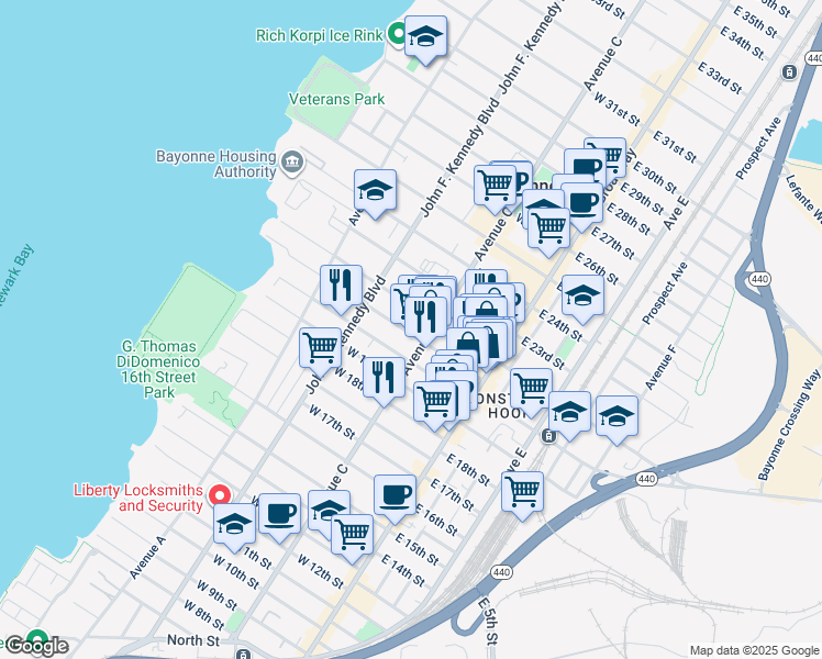 map of restaurants, bars, coffee shops, grocery stores, and more near 63 West 21st Street in Bayonne