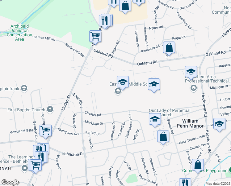 map of restaurants, bars, coffee shops, grocery stores, and more near 2005 Chester Road in Bethlehem