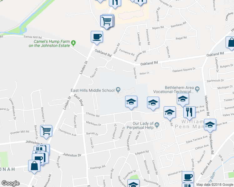 map of restaurants, bars, coffee shops, grocery stores, and more near 2005 Chester Road in Bethlehem