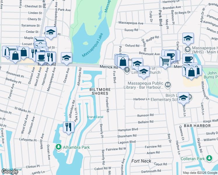 map of restaurants, bars, coffee shops, grocery stores, and more near 25 Frankel Road in Massapequa