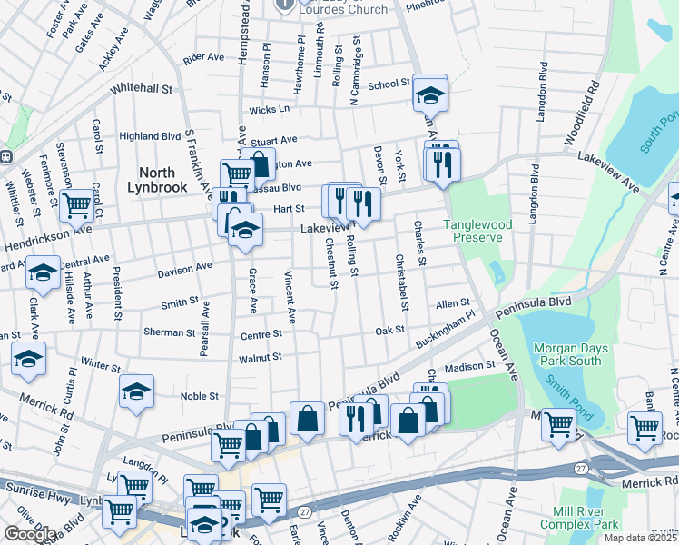 map of restaurants, bars, coffee shops, grocery stores, and more near 1A Lawrence Avenue in Lynbrook