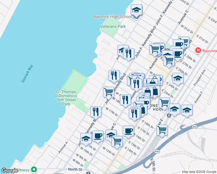 map of restaurants, bars, coffee shops, grocery stores, and more near 497 John F. Kennedy Boulevard in Bayonne