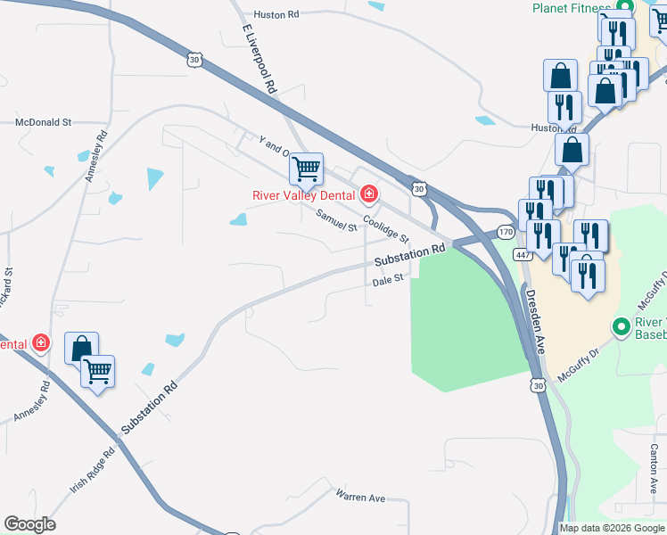 map of restaurants, bars, coffee shops, grocery stores, and more near 16801 Dale Street in East Liverpool