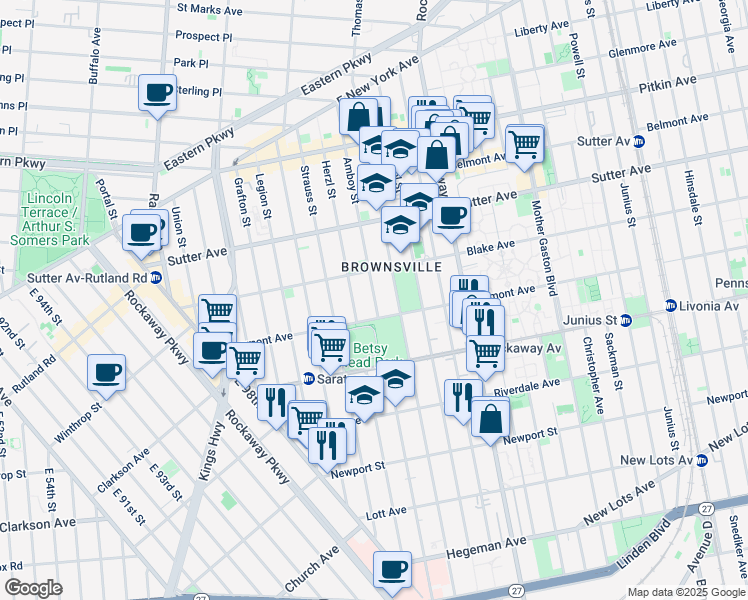 map of restaurants, bars, coffee shops, grocery stores, and more near 720 Thomas S Boyland Street in Brooklyn
