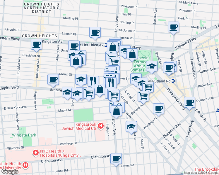 map of restaurants, bars, coffee shops, grocery stores, and more near 421 Utica Avenue in Brooklyn