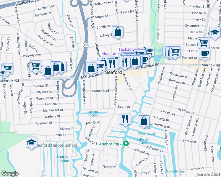 map of restaurants, bars, coffee shops, grocery stores, and more near 2327 Penatiquit Avenue in Seaford