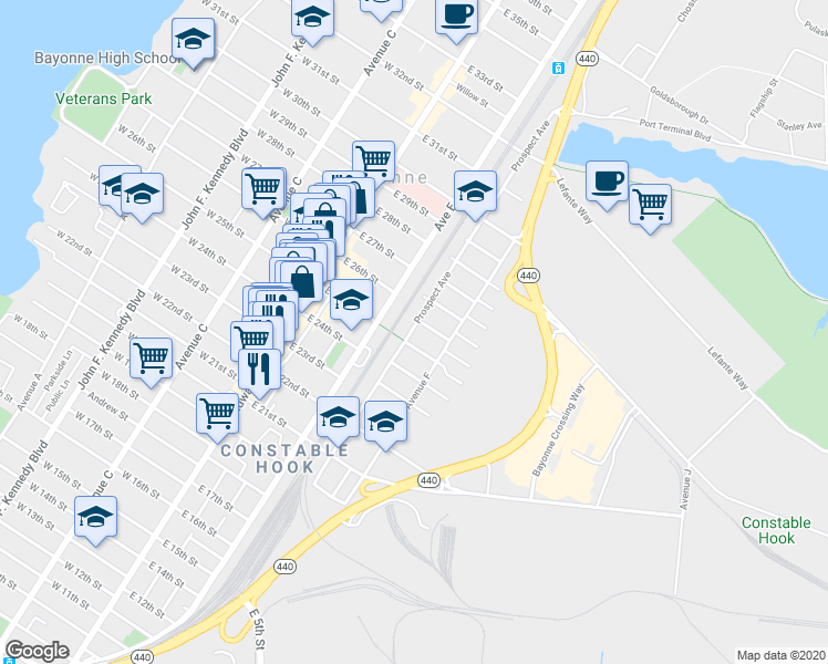 map of restaurants, bars, coffee shops, grocery stores, and more near 128 Prospect Avenue in Bayonne