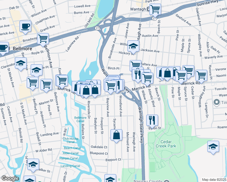 map of restaurants, bars, coffee shops, grocery stores, and more near 2320 Woodland Avenue in Wantagh