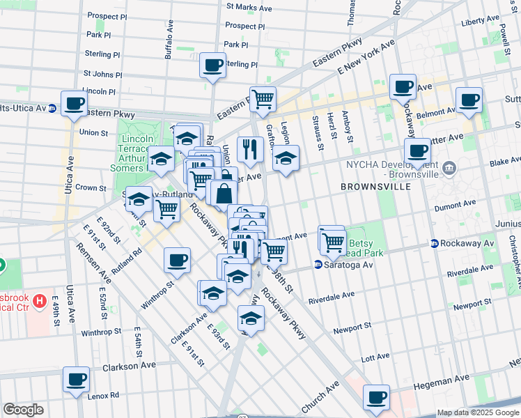 map of restaurants, bars, coffee shops, grocery stores, and more near Blake Avenue & Tapscott Street in Brooklyn