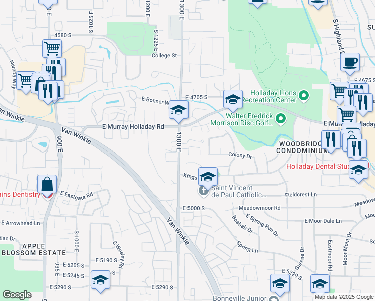 map of restaurants, bars, coffee shops, grocery stores, and more near 1316 Hidden Creek Court in Salt Lake City