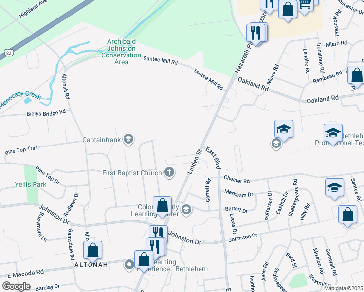 map of restaurants, bars, coffee shops, grocery stores, and more near 3333 Linden Street in Bethlehem