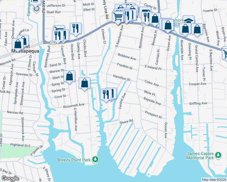 map of restaurants, bars, coffee shops, grocery stores, and more near 23 Central Avenue in Amityville