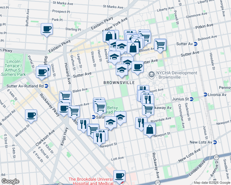 map of restaurants, bars, coffee shops, grocery stores, and more near 720 Thomas S Boyland Street in Brooklyn