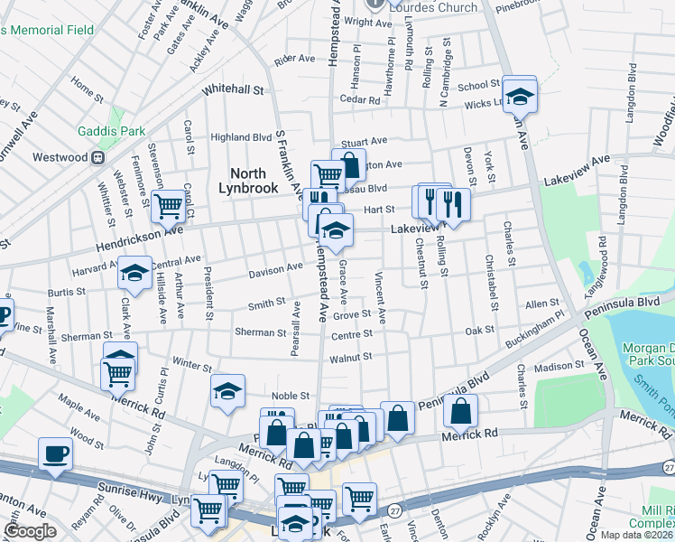 map of restaurants, bars, coffee shops, grocery stores, and more near 20 Grace Avenue in Lynbrook