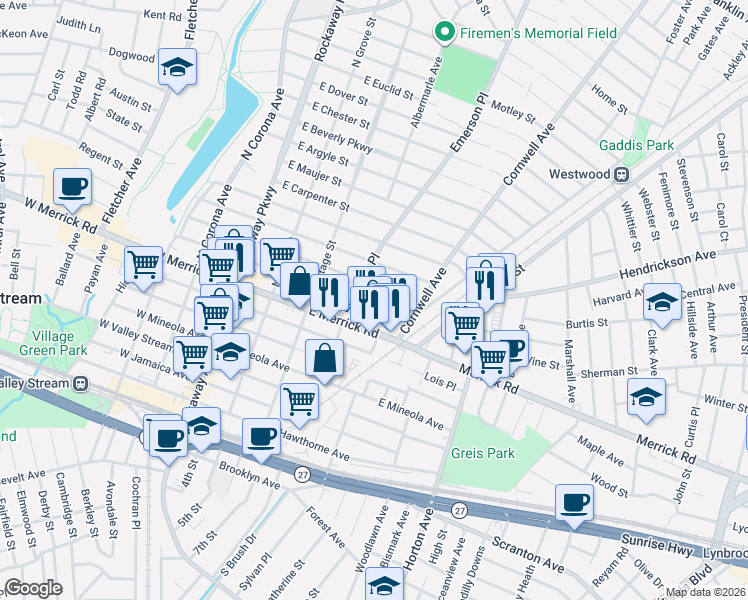 map of restaurants, bars, coffee shops, grocery stores, and more near 171 East Merrick Road in Valley Stream