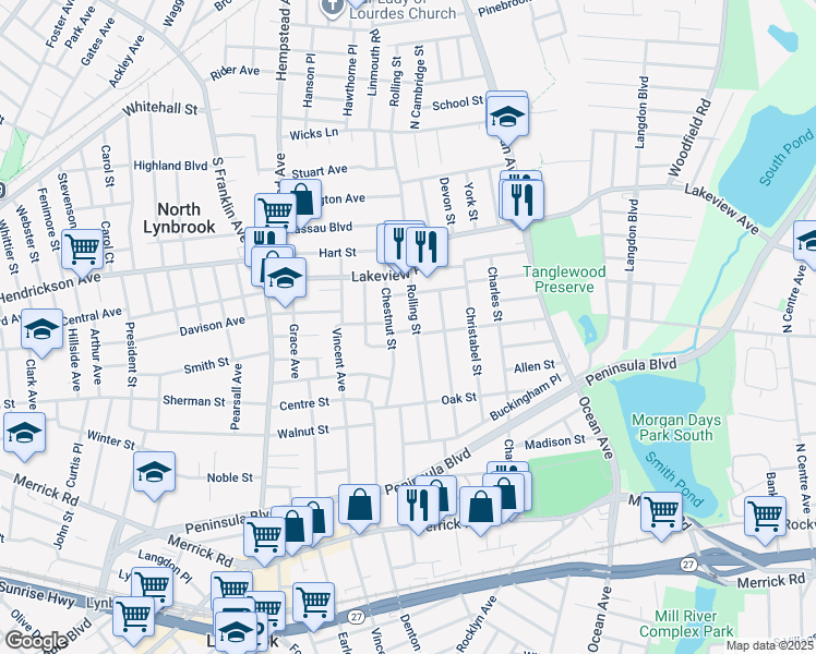 map of restaurants, bars, coffee shops, grocery stores, and more near 79 Rolling Street in Lynbrook