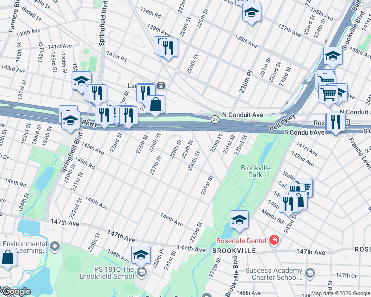 map of restaurants, bars, coffee shops, grocery stores, and more near 143-56 229th Street in Queens