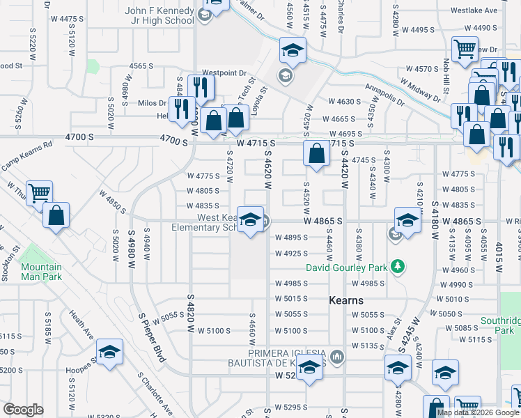map of restaurants, bars, coffee shops, grocery stores, and more near 4645 West 4835 South in Kearns