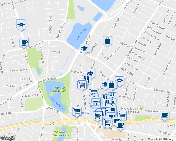 map of restaurants, bars, coffee shops, grocery stores, and more near 195 North Village Avenue in Rockville Centre