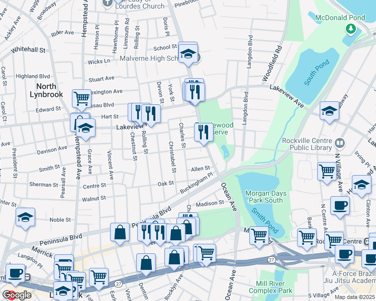 map of restaurants, bars, coffee shops, grocery stores, and more near 137 Charles Street in Lynbrook