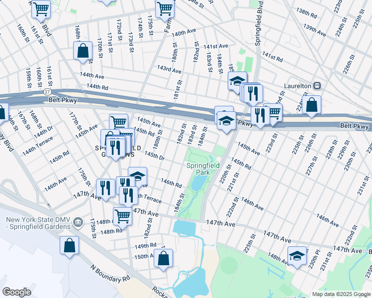 map of restaurants, bars, coffee shops, grocery stores, and more near 183-07 145th Drive in Queens