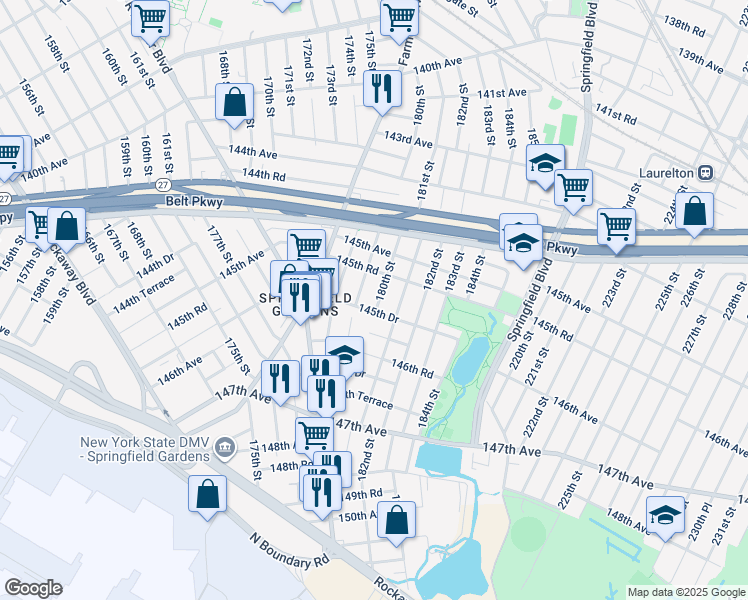 map of restaurants, bars, coffee shops, grocery stores, and more near 180-02 145th Drive in Queens