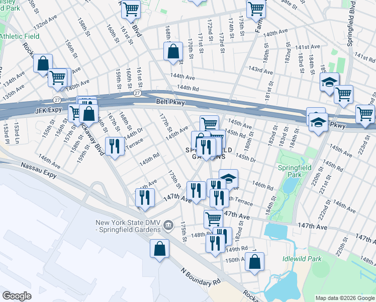 map of restaurants, bars, coffee shops, grocery stores, and more near 145-69 177th Street in Queens