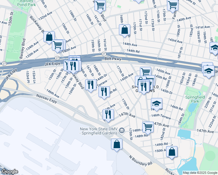 map of restaurants, bars, coffee shops, grocery stores, and more near 145-15 167th Street in Queens