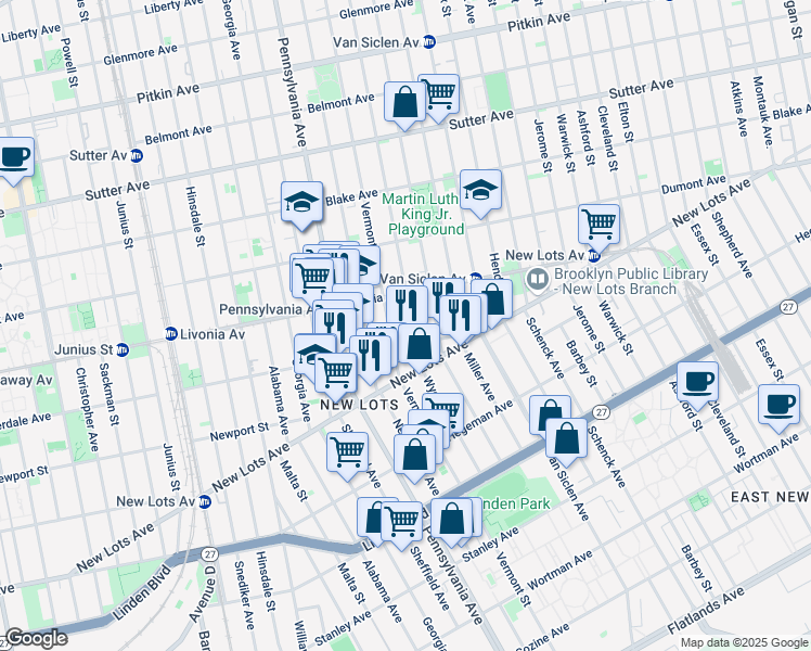 map of restaurants, bars, coffee shops, grocery stores, and more near 650 Riverdale Avenue in Brooklyn