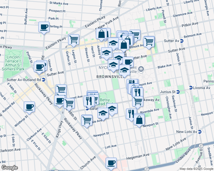 map of restaurants, bars, coffee shops, grocery stores, and more near 720 Thomas S Boyland Street in Brooklyn