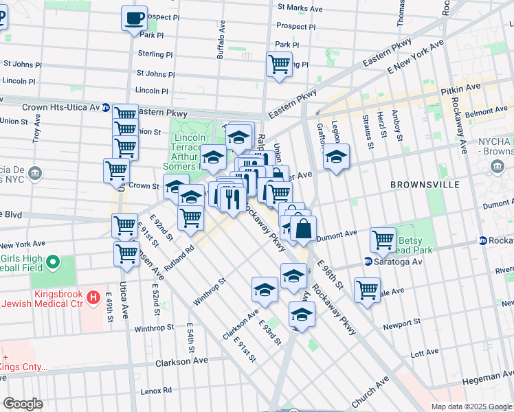 map of restaurants, bars, coffee shops, grocery stores, and more near 118 Rockaway Parkway in Brooklyn