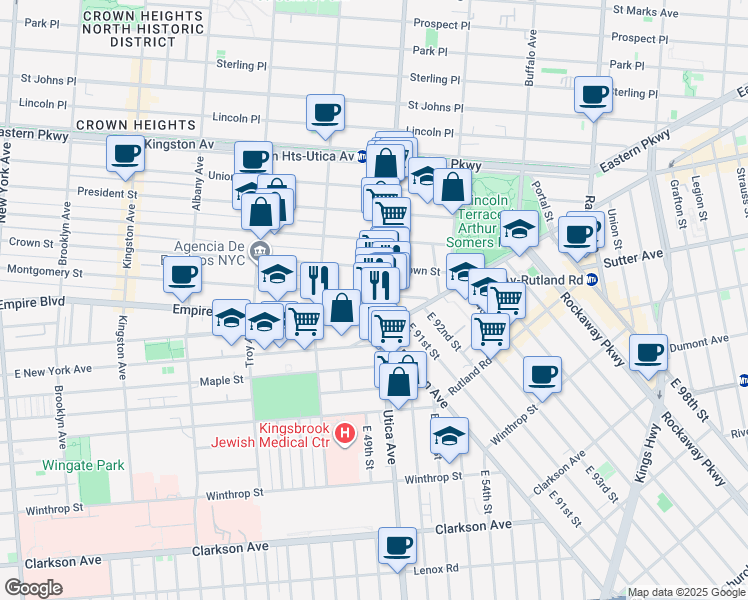 map of restaurants, bars, coffee shops, grocery stores, and more near 421 Utica Avenue in Brooklyn