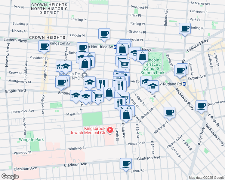map of restaurants, bars, coffee shops, grocery stores, and more near 842 Lefferts Avenue in Brooklyn