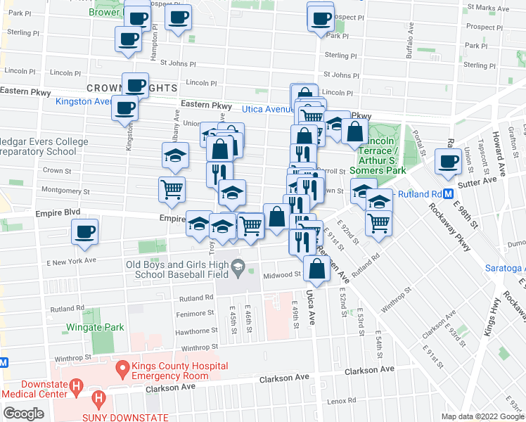 map of restaurants, bars, coffee shops, grocery stores, and more near 842 Lefferts Avenue in Brooklyn
