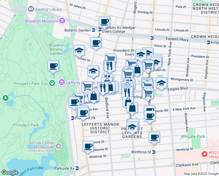 map of restaurants, bars, coffee shops, grocery stores, and more near 172 Empire Boulevard in Brooklyn
